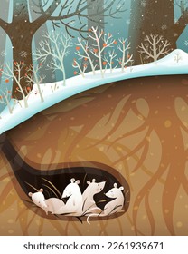 Mouse family sleeping or hibernating in a den or burrow. Cute rodents forest habitat illustration for children. Animals sleep in the woods cute wildlife graphics. Vector drawing for kids.