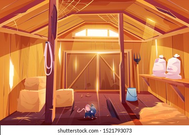 Mouse in farm barn house. Fieldmouse rodent in wooden ranch interior with haystacks, sacks, fork, huge gate and little window under ceiling. Countryside storehouse building Cartoon vector illustration