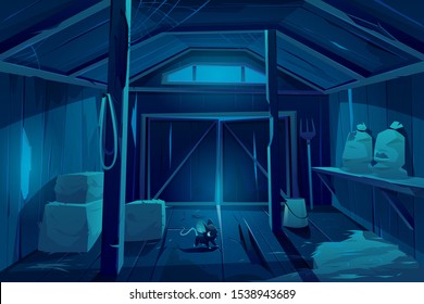 Mouse in farm barn house at night. Fieldmouse rodent in dark wooden ranch interior with haystacks, sacks, fork, huge gate and little window on ceiling, storehouse building. Cartoon vector illustration