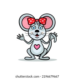 Mouse Female With Heart And Hair Bow Isolated On White Background - Vector