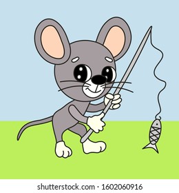 mouse fisherman stands on the shore of a reservoir and holds in his hands a fishing rod with caught fish, color vector clip art on isolated background