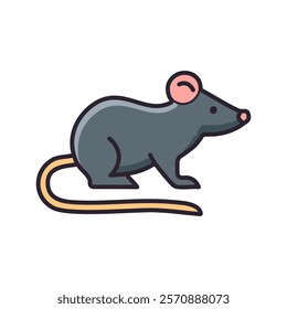 Mouse flat color icon. Blue rat rodent with big tail vector art.