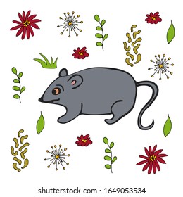 Ilustración dibujada a mano plana del ratón. Caricatura animada sobre fondo botánico. Afiche de vector animal salvaje 