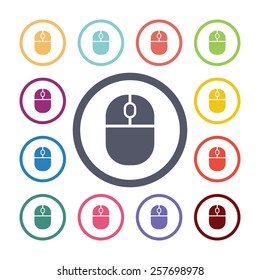 mouse flat icons set. Open colorful buttons 