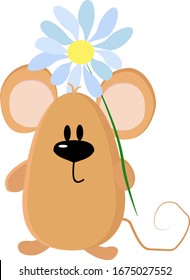 Mouse with flower, illustration, vector on white background.