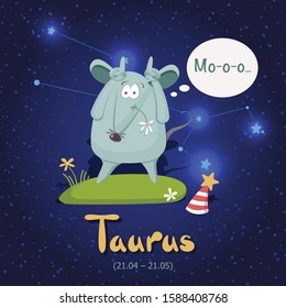 A mouse with a flower in its mouth on a green meadow with flowers depicts the zodiac sign - Taurus. Background - a dark blue starry sky with the constellation of the Taurus. Vector illustration.