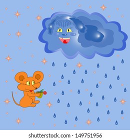 Mouse with flowerpot near the rain cloud. Hand Drawing Cartoon Vector Illustration
