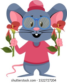 Mouse with flowers, illustration, vector on white background.