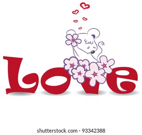 Mouse with flowers on the red word "love"-vector illustration