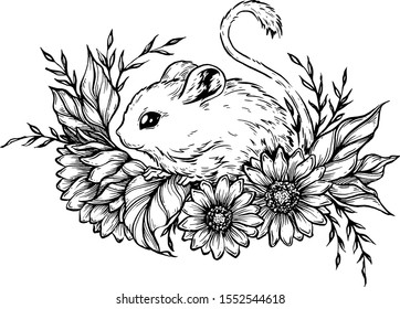 Mouse with flowers. Vector illustration.