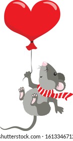 A mouse flying with a balloon-heart isolated