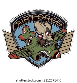 Mouse flying on a war airplane inside a coat of arms. Warplane pilot mouse, member of the air force on a plane painted with an angry face.