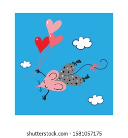 A mouse flying through the sky with heart-shaped balloons