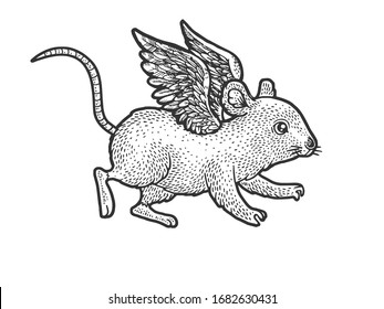 Mouse flying with wings sketch engraving vector illustration. T-shirt apparel print design. Scratch board imitation. Black and white hand drawn image.