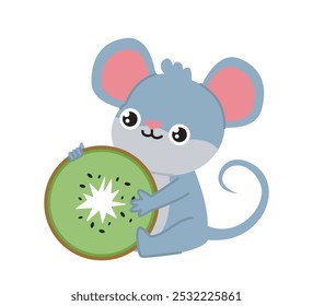 Ratón con comida. Lindo roedor sentado con rebanada de kiwi. Roedor gris con comer. Animal doméstico. Pequeño personaje para dibujos animados. Ilustración vectorial plana aislada sobre fondo blanco