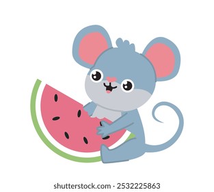 Ratón con comida. Lindo roedor sentado con rebanada de sandía. Roedor gris con comer. Animal doméstico. Plantilla y maquetación. Ilustración vectorial plana aislada sobre fondo blanco