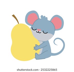 Ratón con comida. Lindo roedor sentado con pera amarilla. Roedor gris con comer. Animal doméstico. Cartel o Anuncio para el Sitio web. Ilustración vectorial plana aislada sobre fondo blanco