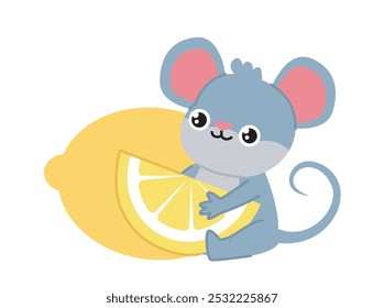 Ratón con comida. Lindo roedor sentado con una rodaja de limón. Roedor gris con comer. Animal doméstico. Juguete gris o mascota. Ilustración vectorial plana aislada sobre fondo blanco