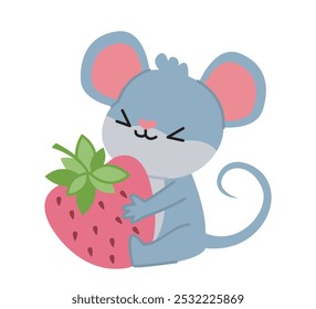 Ratón con comida. Lindo roedor sentado con fresa Grande. Roedor gris con comer. Animal doméstico. Juguete o mascota para niños. Ilustración vectorial plana aislada sobre fondo blanco