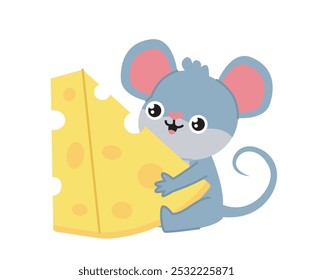 Ratón con comida. Lindo roedor sentado con queso. Roedor gris con comer. Animal doméstico. Pegatina para redes sociales y mensajeros. Ilustración vectorial plana aislada sobre fondo blanco