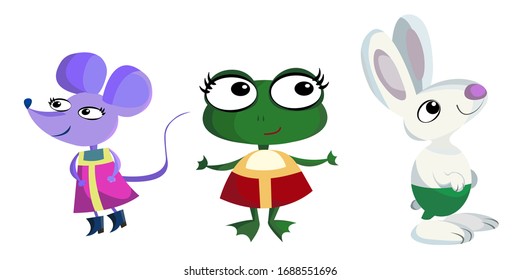 mouse, frog, bunny, cartoon cute animals in clothes