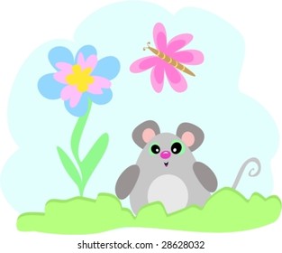 Mouse in Garden with Butterfly Vector