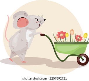 Mouse in the garden with a wheelbarrow. Cute little mouse carrying flowers in the wheelbarrow. Spring, summer illustration  with the character in flat cartoon illustration. 