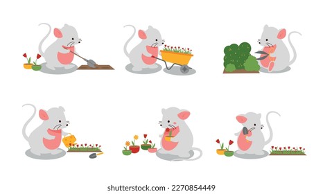 Mouse gardening set. Collection of scenes with rodent planting flowers and bushes. Caring for environment and nature, agriculture. Cartoon flat vector illustrations isolated on white background