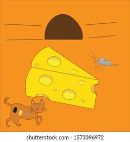 A mouse gets out of its hole and meets big piece of cheese, unaware a cat that is coming from other side.
