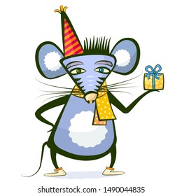 Mouse with a gift. An animal with a festive cap gives a gift. Colorful illustration for greeting card or other production. Lovely picture about a kind and friendly rodent. Birthday, New year theme