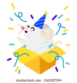 Mouse in gift box cartoon vector illustration. Xmas funny rat postcard. Year 2020 symbol