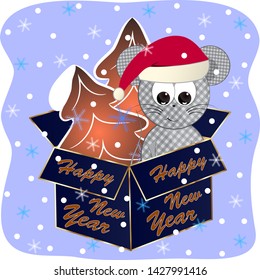 mouse in a gift box happy new year greeting card.