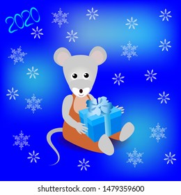 mouse with a gift on a bright blue background with snowflakes