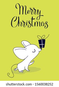 Mouse with a gift on the nose, color greeting card for your design, vector illustration