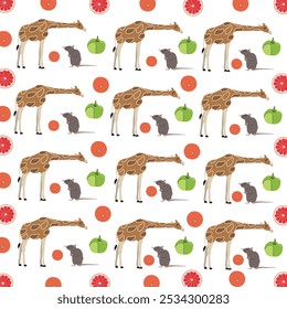 mouse, giraffe with fruit as a pattern background