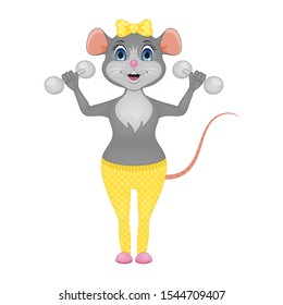Mouse girl with dumbbells. Isolated on white. Cute character. White background. Vector Illustration.
