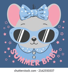 Mouse Girl Face With Sunglasses, Summer Babe Slogan Text For T-shirt Graphics, Fashion Prints And Other Uses