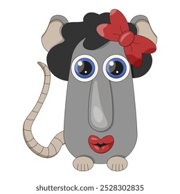 Mouse girl isolated white background. Cute love concept with funny animal. Template design valetines's day card. Vector illustration. EPS 10