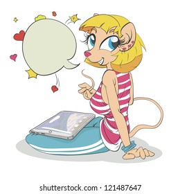 Mouse girl sits with Tablet Komputer. Done separately in color and grayscale. The isolated vector illustration.