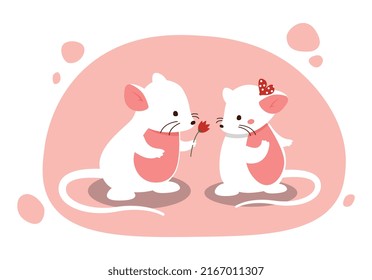 Mouse gives flower. Cute couple of mammals, romantic date and surprise for your beloved. Love and care, gifts. Stylish design for Valentines day greeting card. Cartoon flat vector illustration