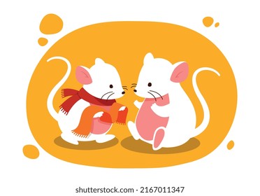 Mouse gives scarf. Characters dress for autumn, to escape cold. Metaphor of support and care, milve characters for children, white mammals. Animals in clothes. Cartoon flat vector illustration