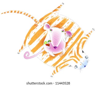 The Mouse with a Glass of the Cocktail and a Cigarette in Its Paws, Sitting on a Skin Striped Cat