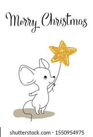 Mouse with glittering balloon, greeting card for your design, vector illustration 10eps
