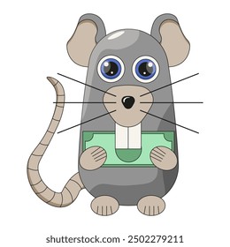 The mouse is gnawing on a dollar. Cute finance concept with rat in trendy flat style isolated white. Vector illustration can used t-shirt print postcard greeting card cover template. EPS 10