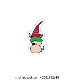 Mouse gnome dressed as an Elf sticker. The Elf Family member collection on white. Funny vector illustration for greeting card, t shirt print, mug, web design.
