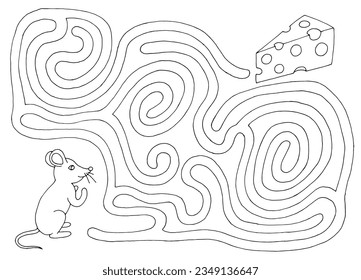Mouse goes to the cheese maze graphic black white sketch illustration vector