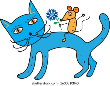 Mouse goes to visit riding a cat. Vector image for illustration.