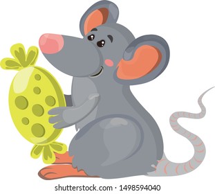 mouse grey with a cheese candy in the legs