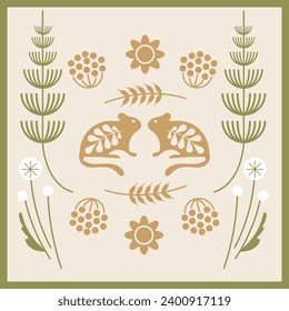 Mouse or hamster silhouette in ornate rural folk style with natural ornaments field themed. Hand drawn illustration of animals in Ukrainian folk style