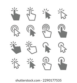 La mano y la flecha del ratón hacen clic en línea y rellenan el conjunto de iconos vectoriales. Cursor haciendo clic en iconos de contorno.